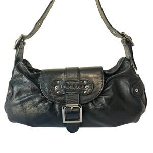 Longchamp Idole Black Leather Shoulder Bag Buckle Studded Y2K Vintage Baguette